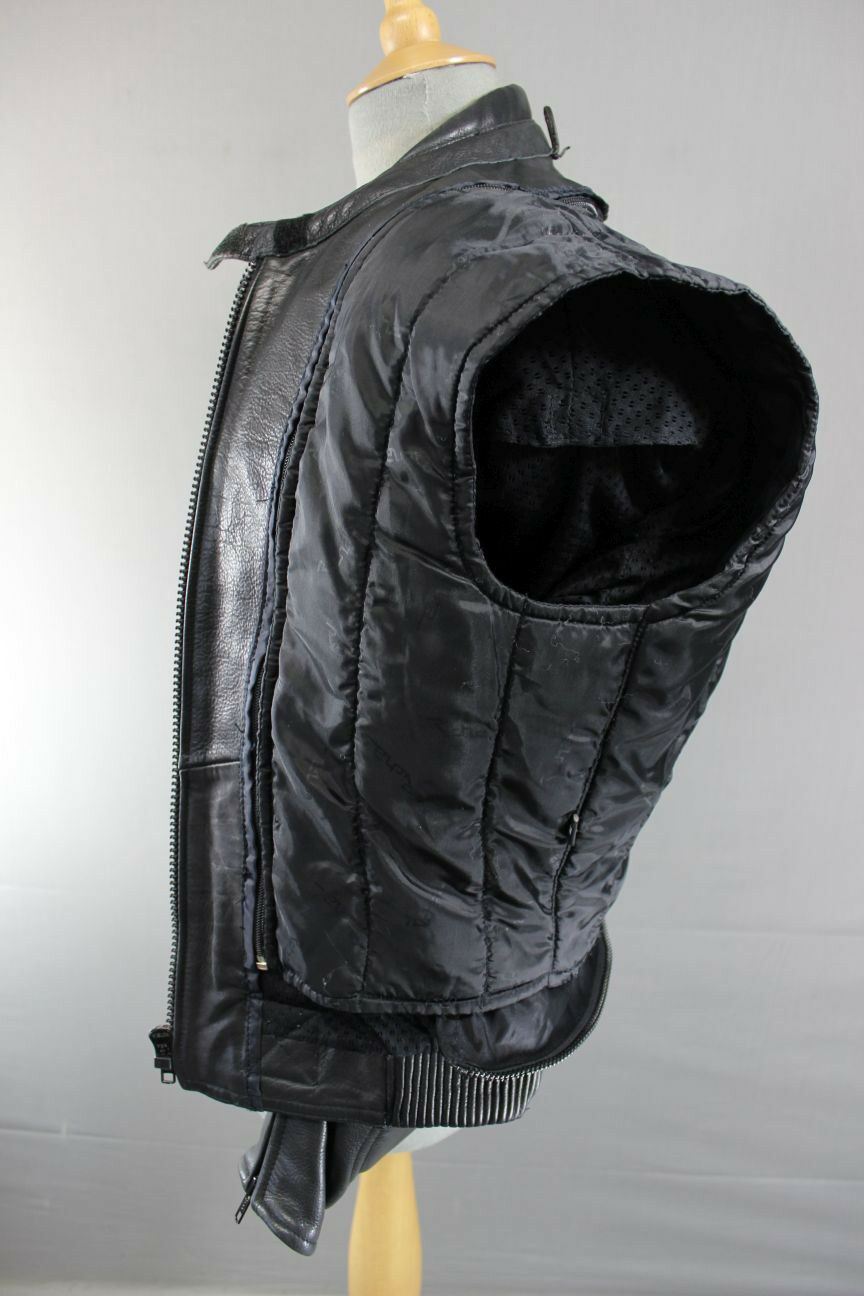 RICHA BLACK, BLUE & SILVER LEATHER BIKER JACKET + QUILTED THERMAL LINING SIZE 12