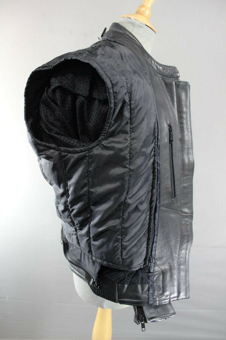 RICHA BLACK, BLUE & SILVER LEATHER BIKER JACKET + QUILTED THERMAL LINING SIZE 12