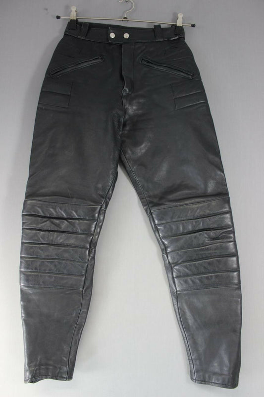 BRITISH MADE GEAR BLACK LEATHER BIKER TROUSERS: WAIST 26 INCH/INSIDE LEG 28 INCH