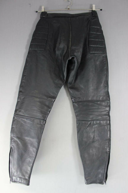 BRITISH MADE GEAR BLACK LEATHER BIKER TROUSERS: WAIST 26 INCH/INSIDE LEG 28 INCH