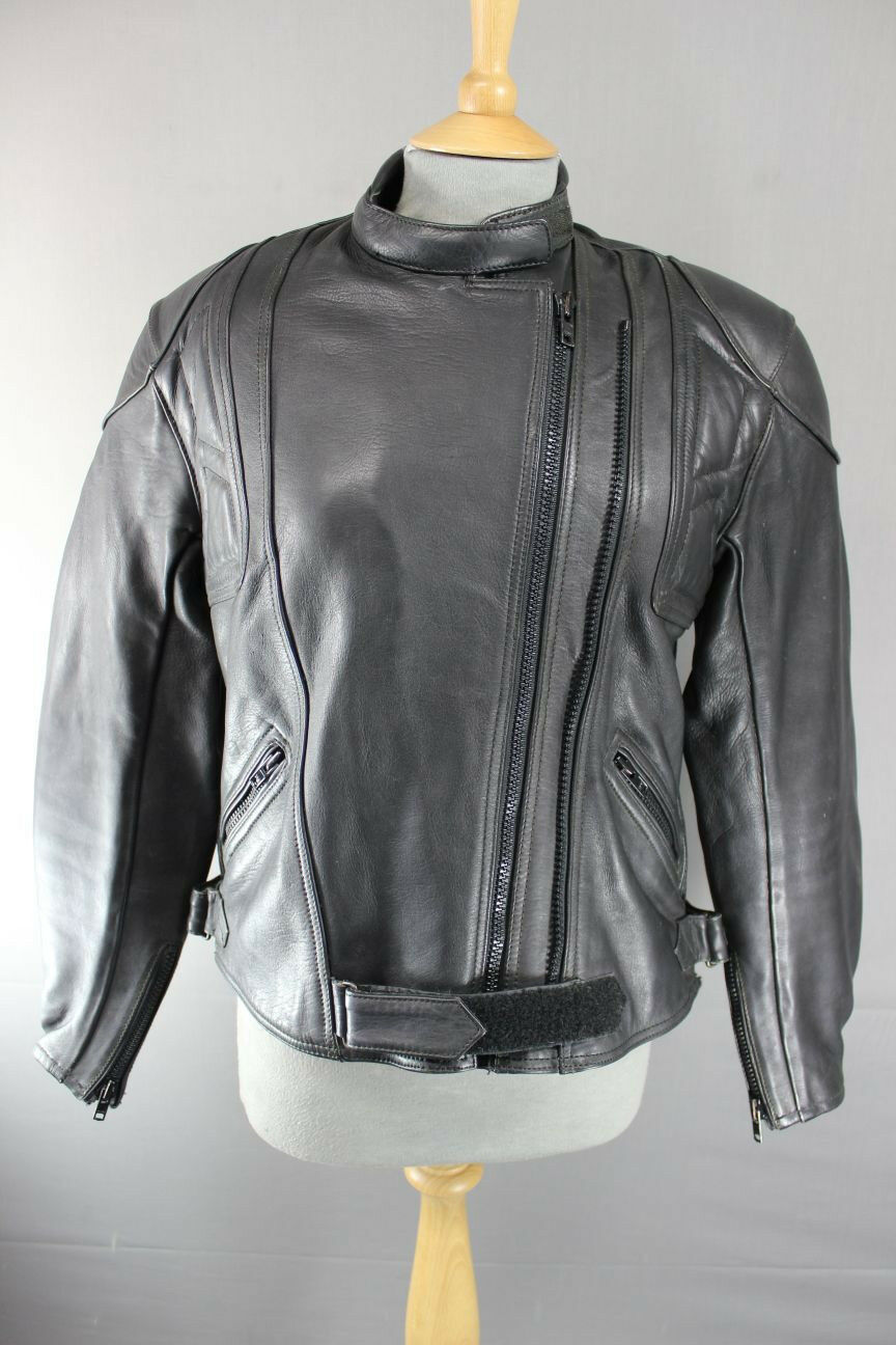 BRITISH MADE BIKER'S PARADISE BLACK COWHIDE LEATHER CE BIKER JACKET SIZE 16