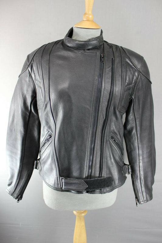 BRITISH MADE BIKER'S PARADISE BLACK COWHIDE LEATHER CE BIKER JACKET SIZE 16
