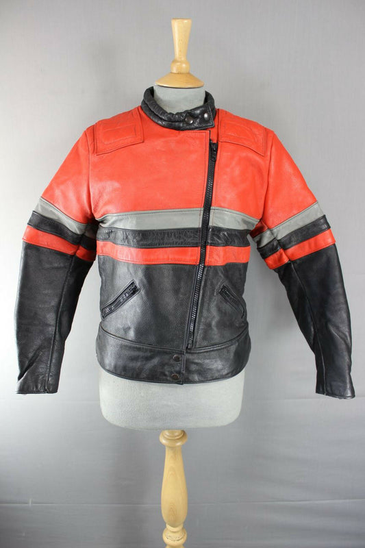 VINTAGE BRITISH MADE BLACK, RED & GREY SCOTT LEATHERS COWHIDE BIKER JCKT SIZE 14