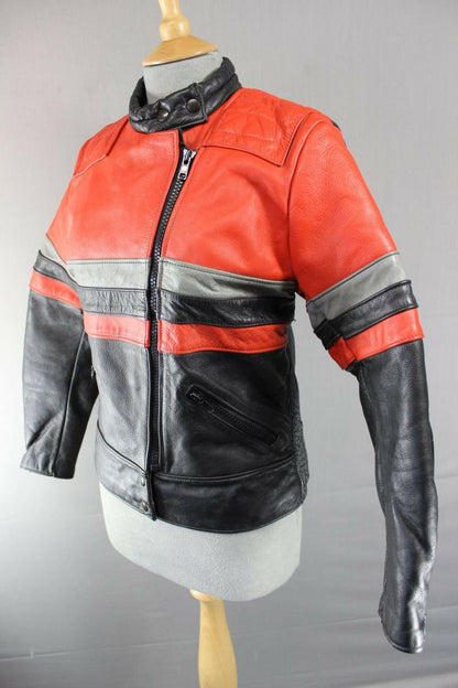 VINTAGE BRITISH MADE BLACK, RED & GREY SCOTT LEATHERS COWHIDE BIKER JCKT SIZE 14