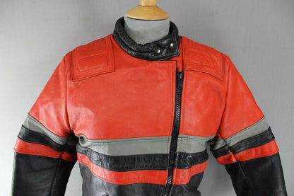 VINTAGE BRITISH MADE BLACK, RED & GREY SCOTT LEATHERS COWHIDE BIKER JCKT SIZE 14