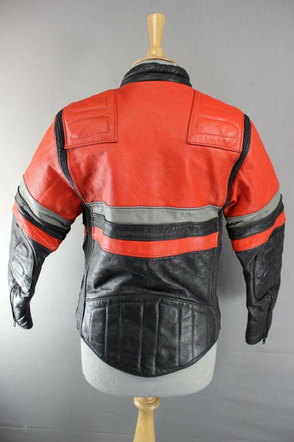 VINTAGE BRITISH MADE BLACK, RED & GREY SCOTT LEATHERS COWHIDE BIKER JCKT SIZE 14