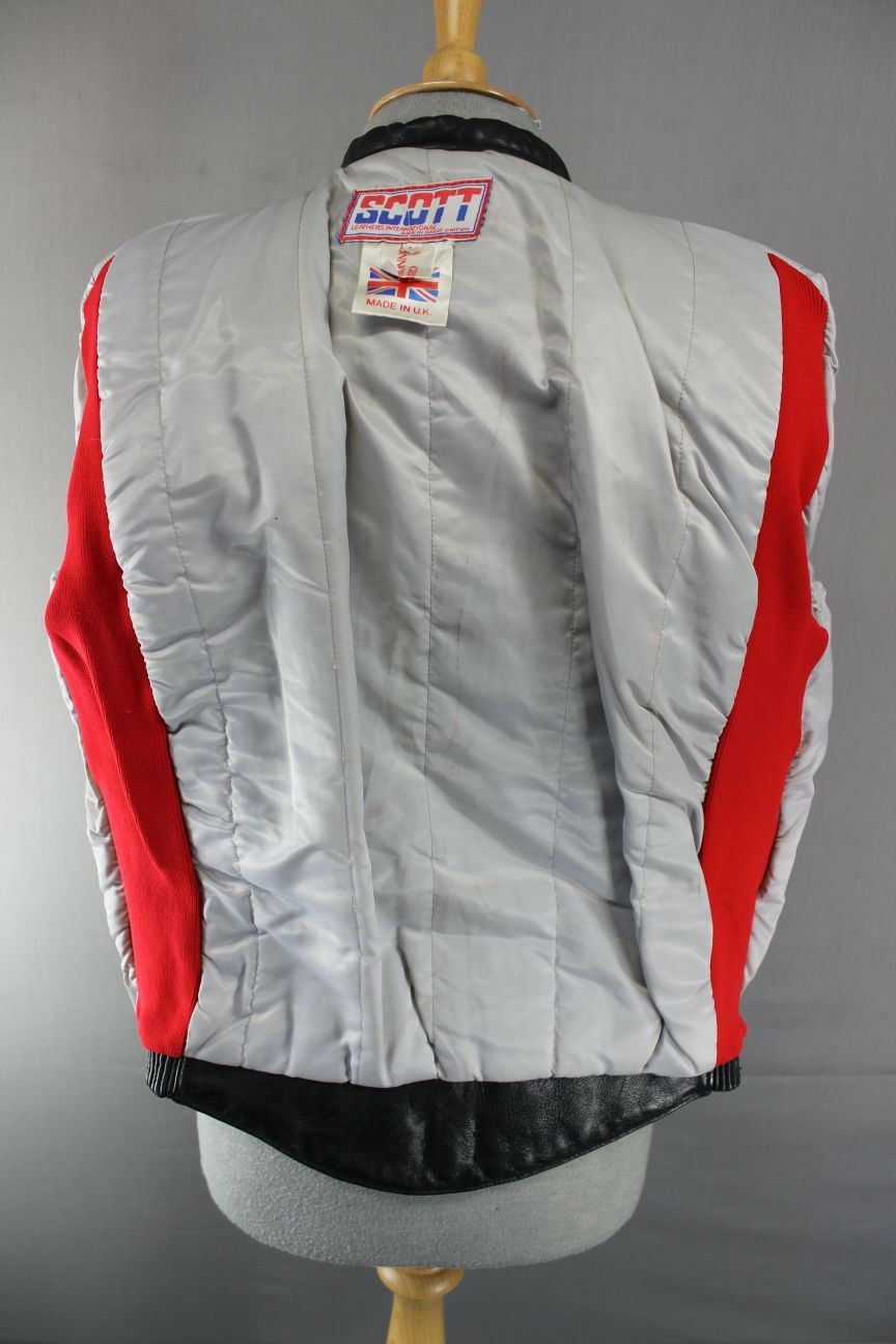 VINTAGE BRITISH MADE BLACK, RED & GREY SCOTT LEATHERS COWHIDE BIKER JCKT SIZE 14