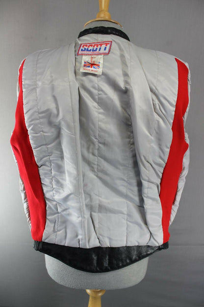 VINTAGE BRITISH MADE BLACK, RED & GREY SCOTT LEATHERS COWHIDE BIKER JCKT SIZE 14