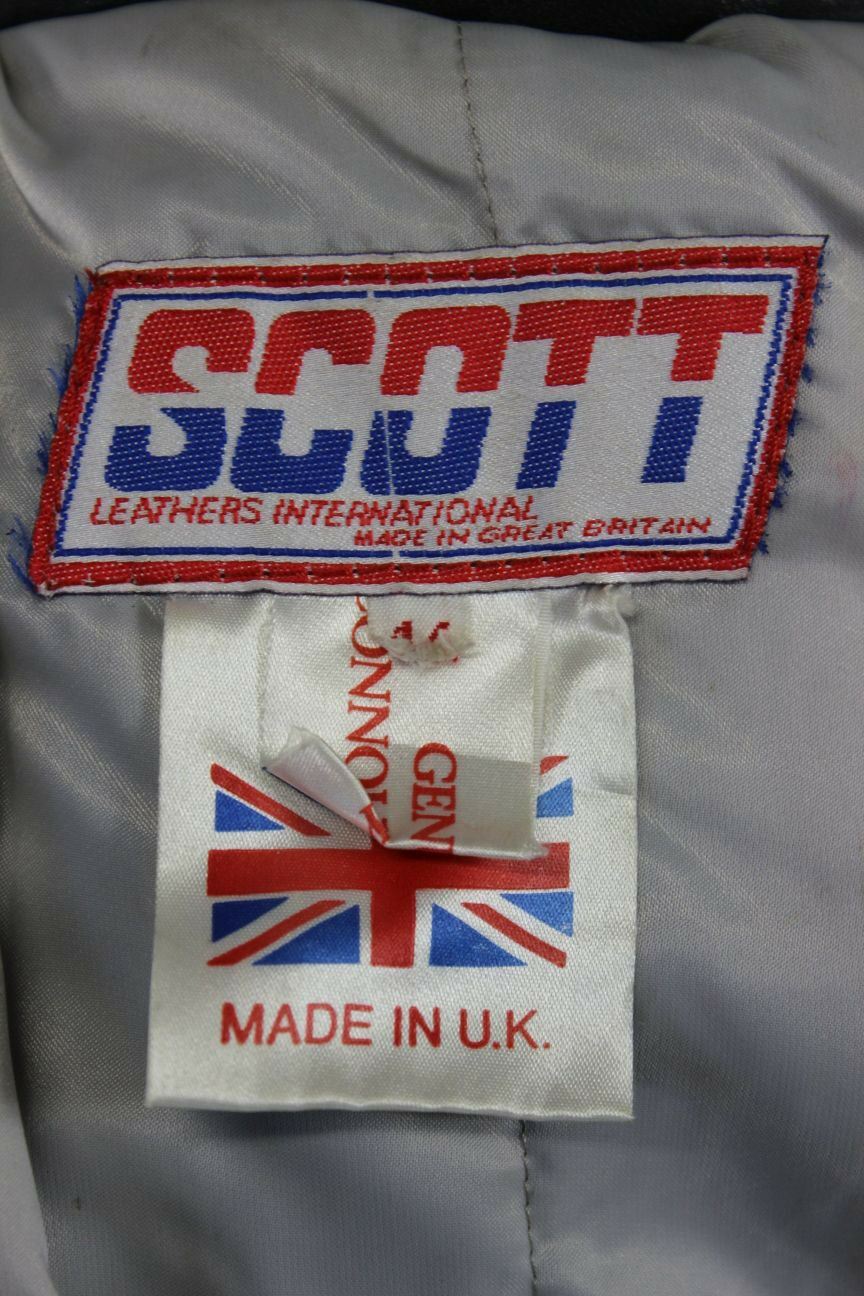 VINTAGE BRITISH MADE BLACK, RED & GREY SCOTT LEATHERS COWHIDE BIKER JCKT SIZE 14