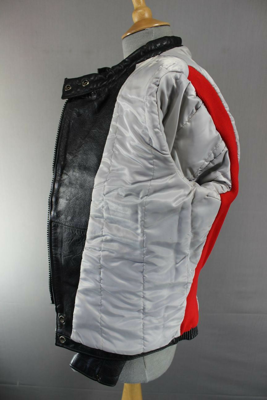 VINTAGE BRITISH MADE BLACK, RED & GREY SCOTT LEATHERS COWHIDE BIKER JCKT SIZE 14