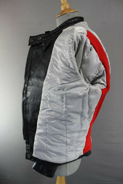 VINTAGE BRITISH MADE BLACK, RED & GREY SCOTT LEATHERS COWHIDE BIKER JCKT SIZE 14