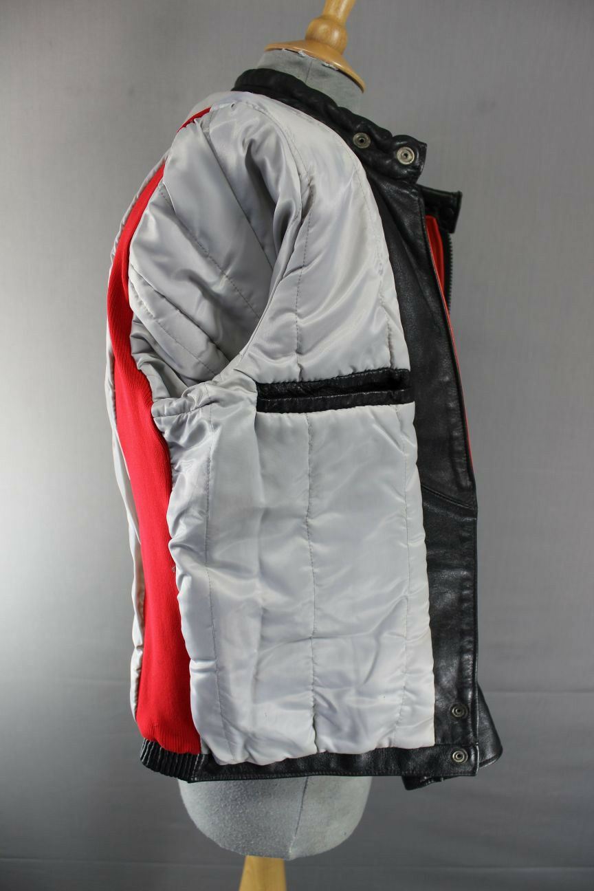 VINTAGE BRITISH MADE BLACK, RED & GREY SCOTT LEATHERS COWHIDE BIKER JCKT SIZE 14