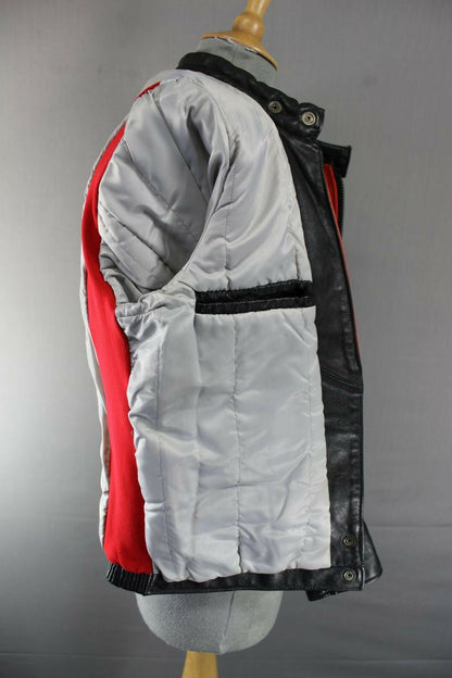 VINTAGE BRITISH MADE BLACK, RED & GREY SCOTT LEATHERS COWHIDE BIKER JCKT SIZE 14