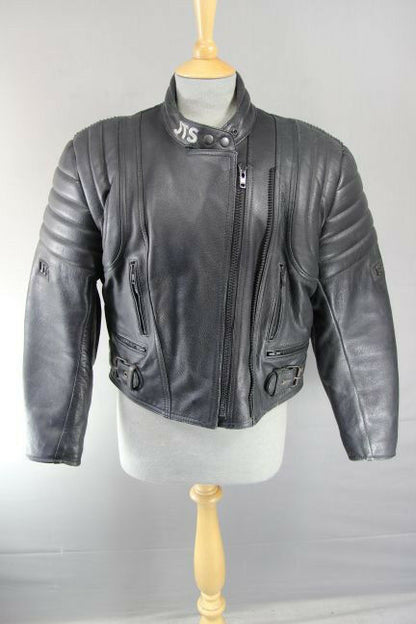 JTS BLACK LEATHER BIKER JACKET WITH REMOVABLE CE SHOULDER & ELBOW ARMOUR SIZE 14