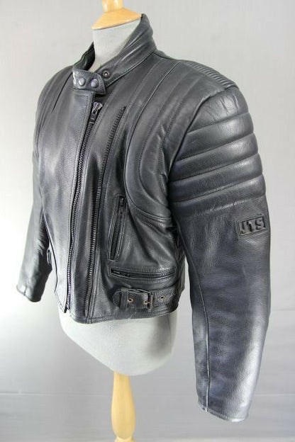 JTS BLACK LEATHER BIKER JACKET WITH REMOVABLE CE SHOULDER & ELBOW ARMOUR SIZE 14