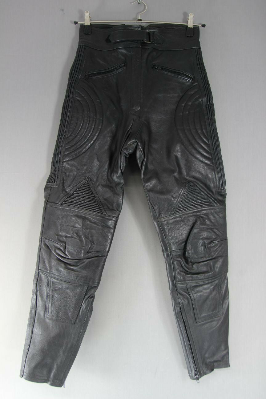 J&S BLACK LEATHER BIKER TROUSERS SIZE 14: WAIST 28 INCHES/INSIDE LEG 28 INCHES