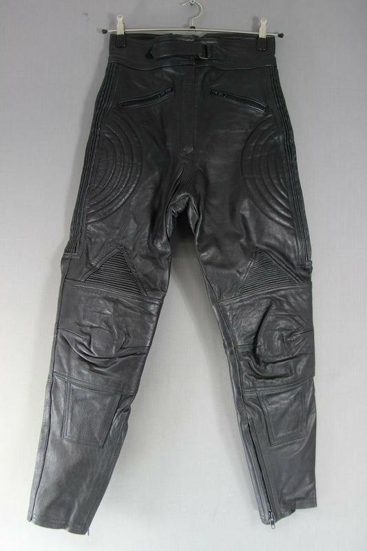 J&S BLACK LEATHER BIKER TROUSERS SIZE 14: WAIST 28 INCHES/INSIDE LEG 28 INCHES