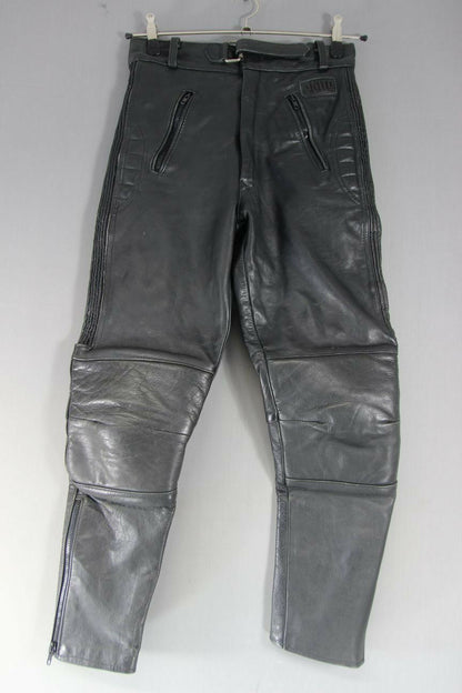 AKITO BLACK LEATHER BIKER TROUSERS: WAIST 28 INCHES/INSIDE LEG 27 INCHES