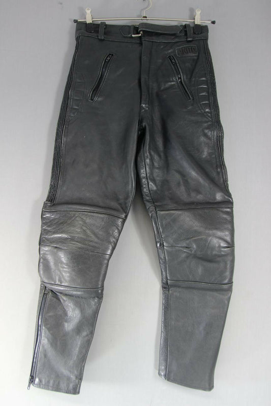 AKITO BLACK LEATHER BIKER TROUSERS: WAIST 28 INCHES/INSIDE LEG 27 INCHES