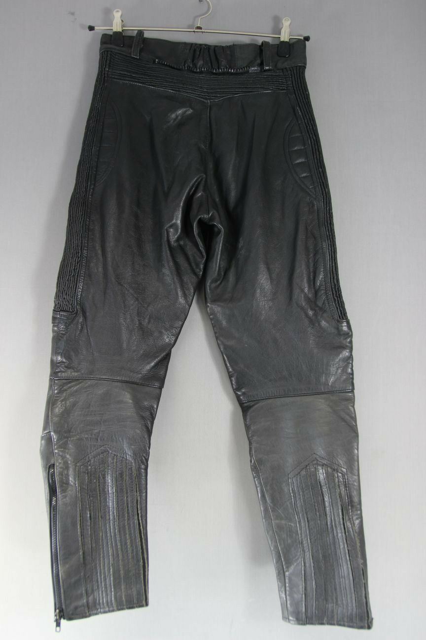 AKITO BLACK LEATHER BIKER TROUSERS: WAIST 28 INCHES/INSIDE LEG 27 INCHES