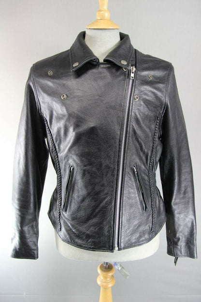 CHROME RETRO BLACK LEATHER PUNK ROCK VINTAGE NEGAN STYLE BIKER JACKET 38 INCH