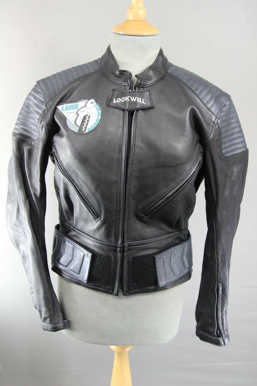AMAZING LOOKWELL LASER BLACK & SILVER LEATHER BIKER JACKET SIZE 16