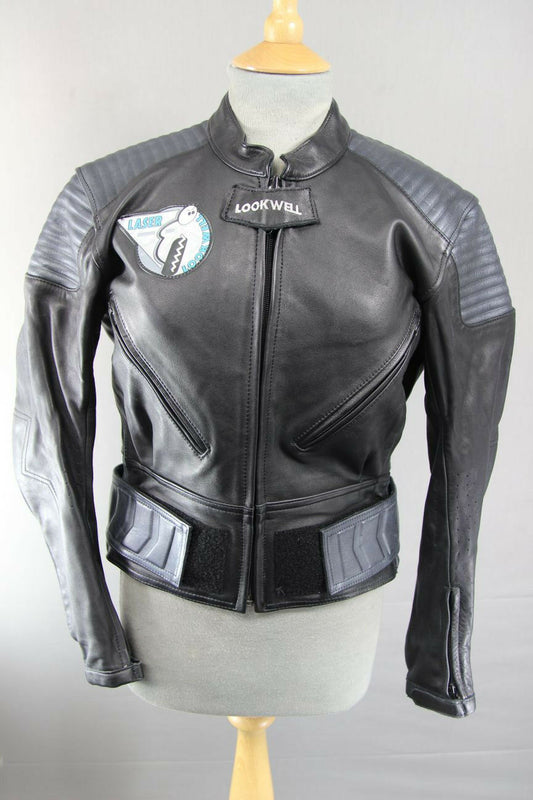 AMAZING LOOKWELL LASER BLACK & SILVER LEATHER BIKER JACKET SIZE 16
