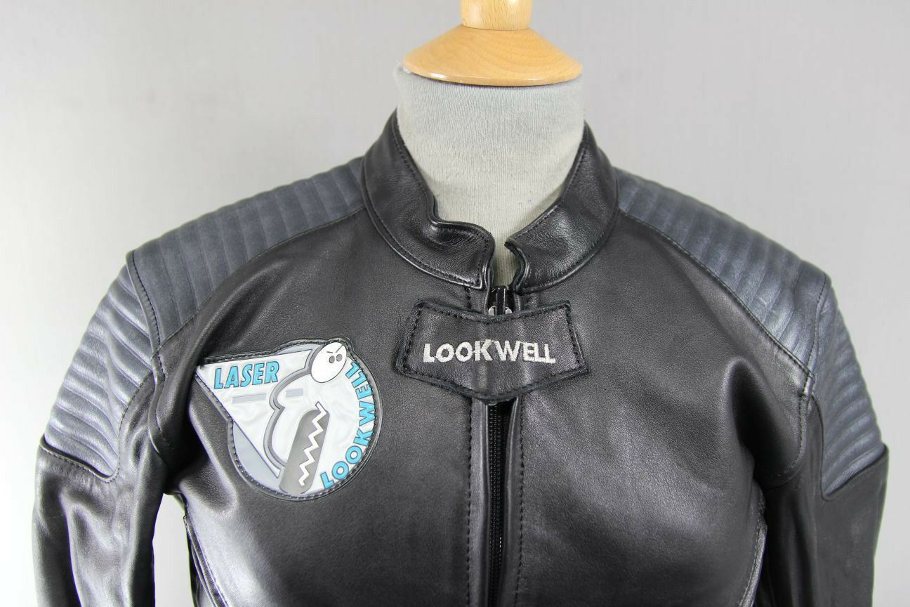AMAZING LOOKWELL LASER BLACK & SILVER LEATHER BIKER JACKET SIZE 16