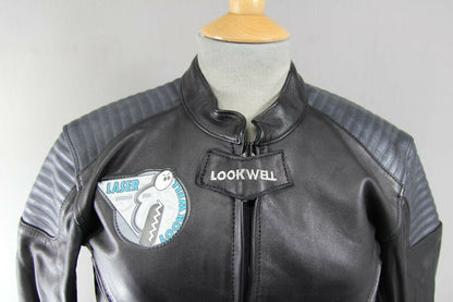 AMAZING LOOKWELL LASER BLACK & SILVER LEATHER BIKER JACKET SIZE 16