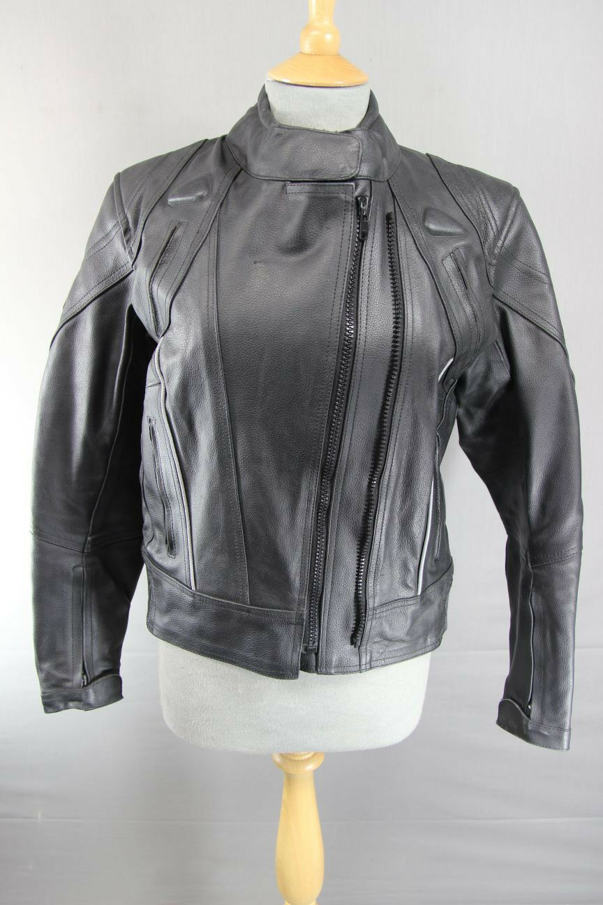 RACEWELL BLACK LEATHER BIKER JACKET WITH REMOVABLE BACK PROTECTOR: SIZE 14