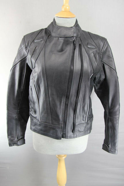 RACEWELL BLACK LEATHER BIKER JACKET WITH REMOVABLE BACK PROTECTOR: SIZE 14