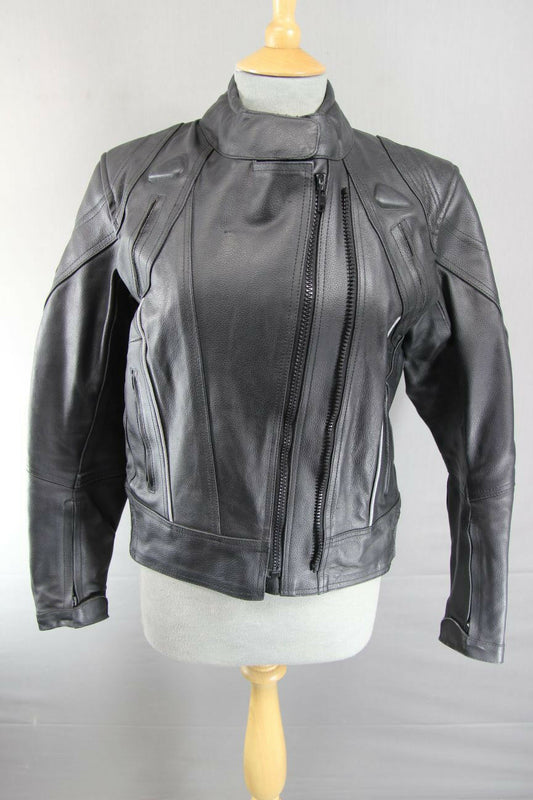 RACEWELL BLACK LEATHER BIKER JACKET WITH REMOVABLE BACK PROTECTOR: SIZE 14