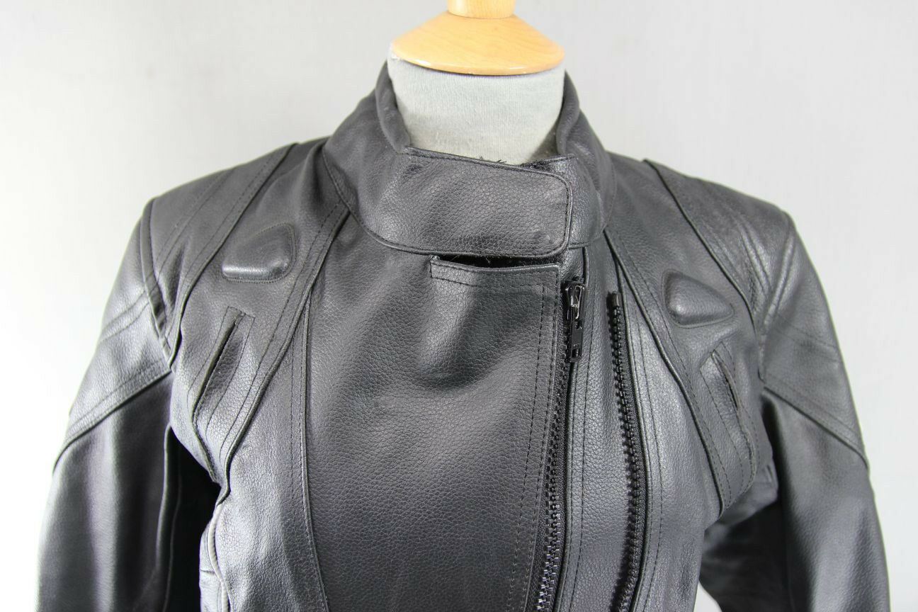 RACEWELL BLACK LEATHER BIKER JACKET WITH REMOVABLE BACK PROTECTOR: SIZE 14