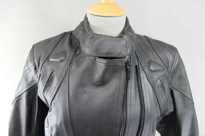 RACEWELL BLACK LEATHER BIKER JACKET WITH REMOVABLE BACK PROTECTOR: SIZE 14