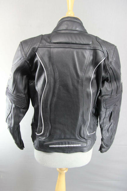 RACEWELL BLACK LEATHER BIKER JACKET WITH REMOVABLE BACK PROTECTOR: SIZE 14