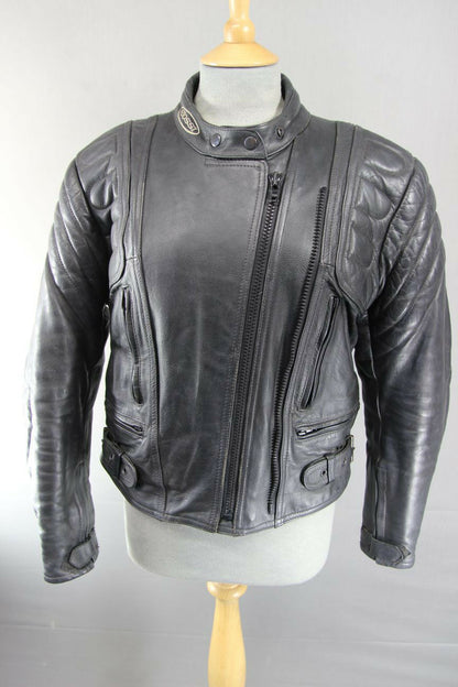 RIOSSI BLACK LEATHER BIKER JACKET WITH REMOVABLE BACK & ELBOW PROTECTORS SIZE 12