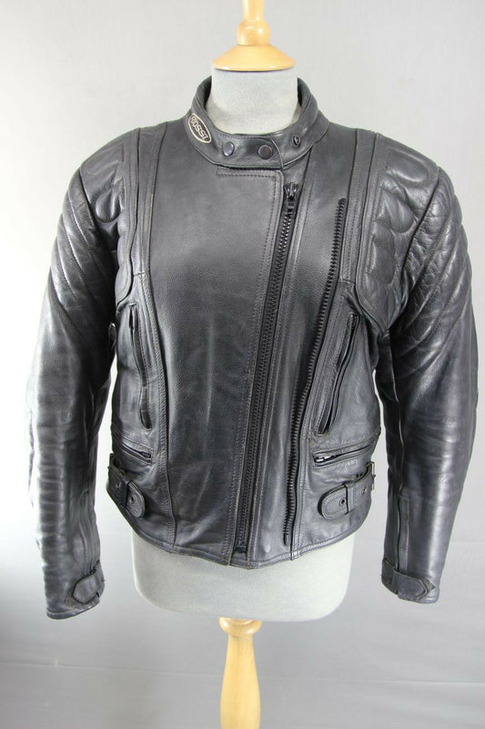 RIOSSI BLACK LEATHER BIKER JACKET WITH REMOVABLE BACK & ELBOW PROTECTORS SIZE 12