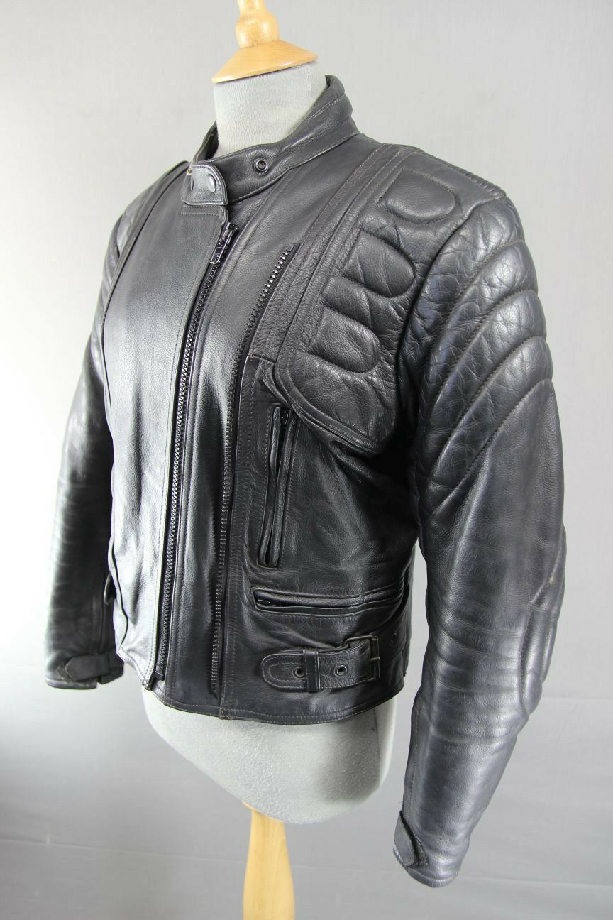 RIOSSI BLACK LEATHER BIKER JACKET WITH REMOVABLE BACK & ELBOW PROTECTORS SIZE 12