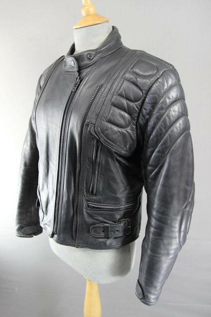 RIOSSI BLACK LEATHER BIKER JACKET WITH REMOVABLE BACK & ELBOW PROTECTORS SIZE 12