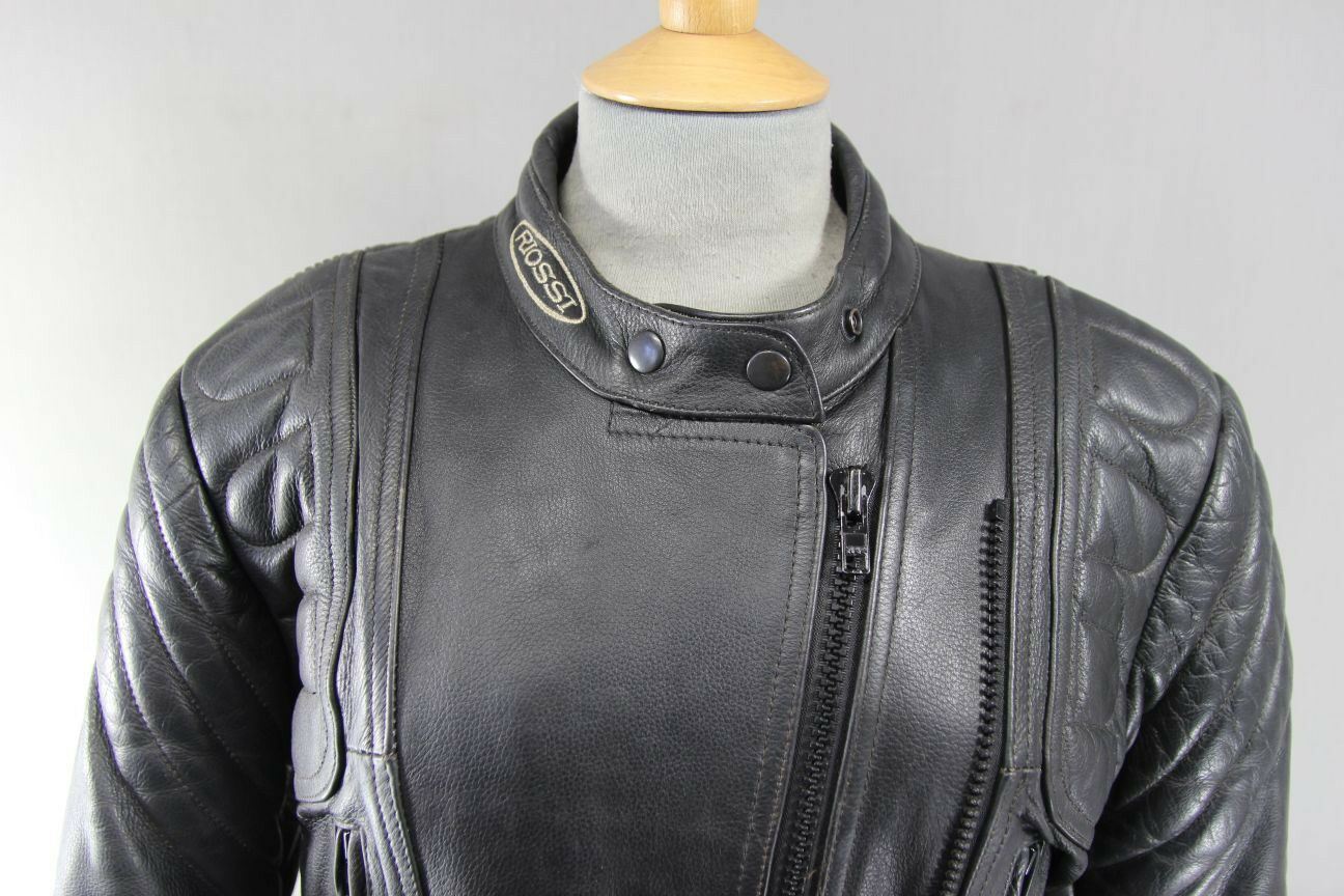 RIOSSI BLACK LEATHER BIKER JACKET WITH REMOVABLE BACK & ELBOW PROTECTORS SIZE 12
