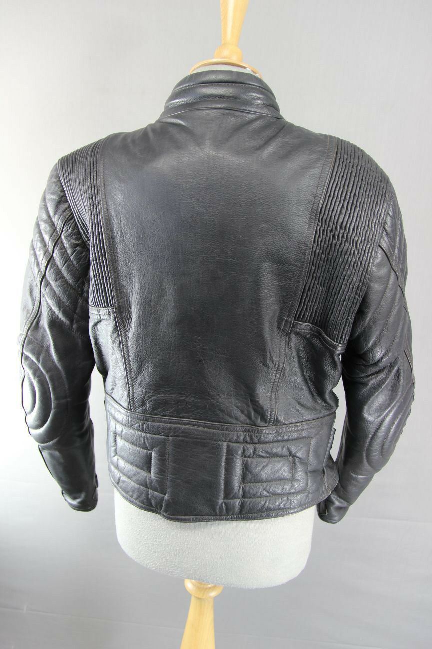 RIOSSI BLACK LEATHER BIKER JACKET WITH REMOVABLE BACK & ELBOW PROTECTORS SIZE 12