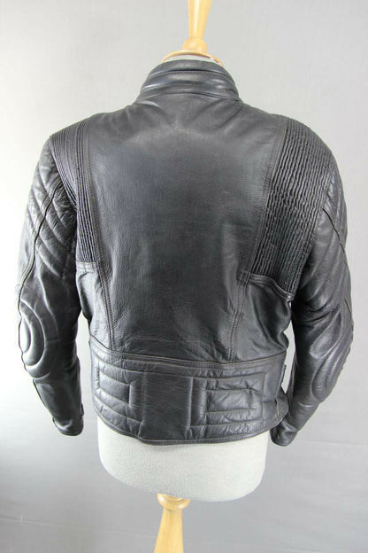 RIOSSI BLACK LEATHER BIKER JACKET WITH REMOVABLE BACK & ELBOW PROTECTORS SIZE 12