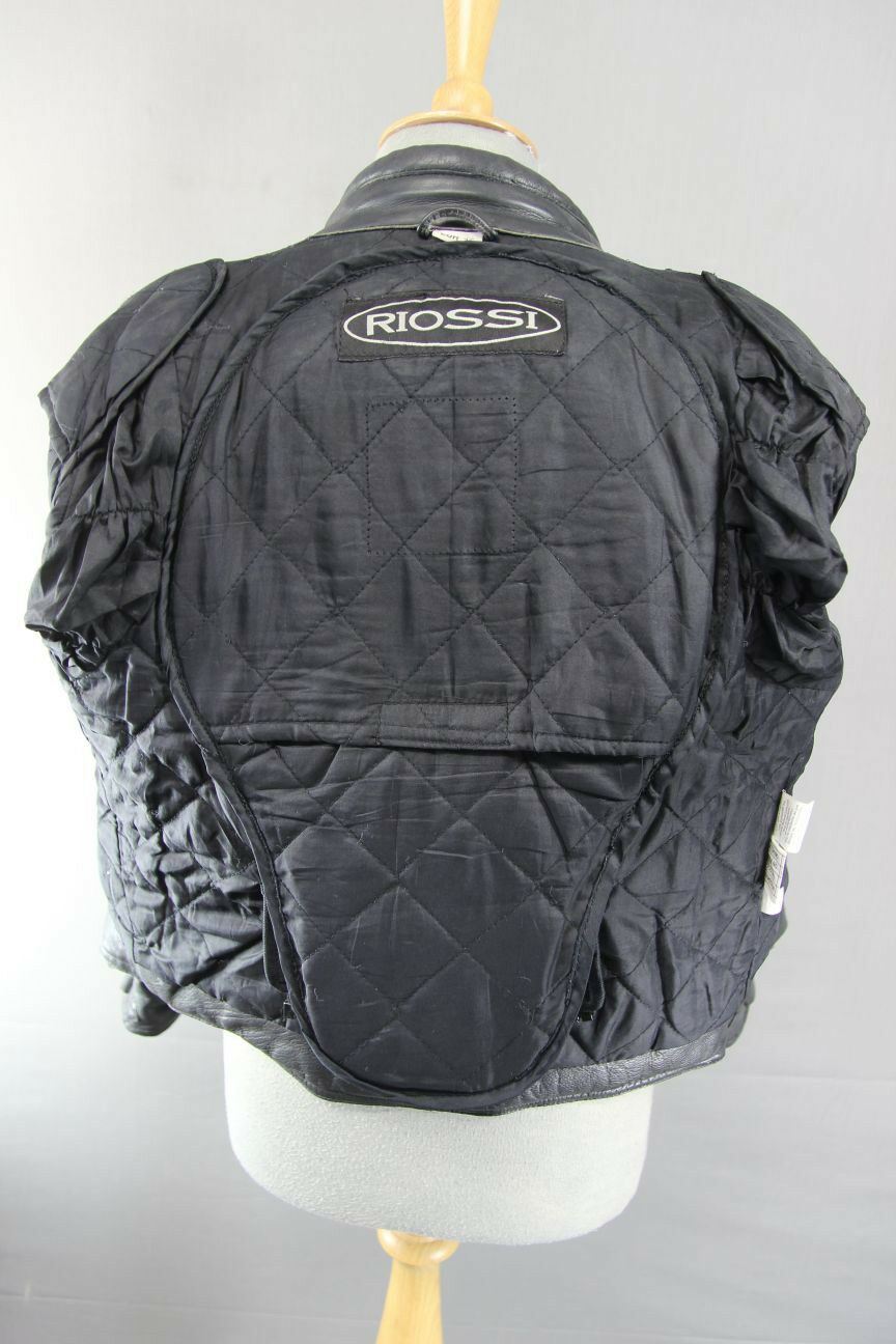 RIOSSI BLACK LEATHER BIKER JACKET WITH REMOVABLE BACK & ELBOW PROTECTORS SIZE 12