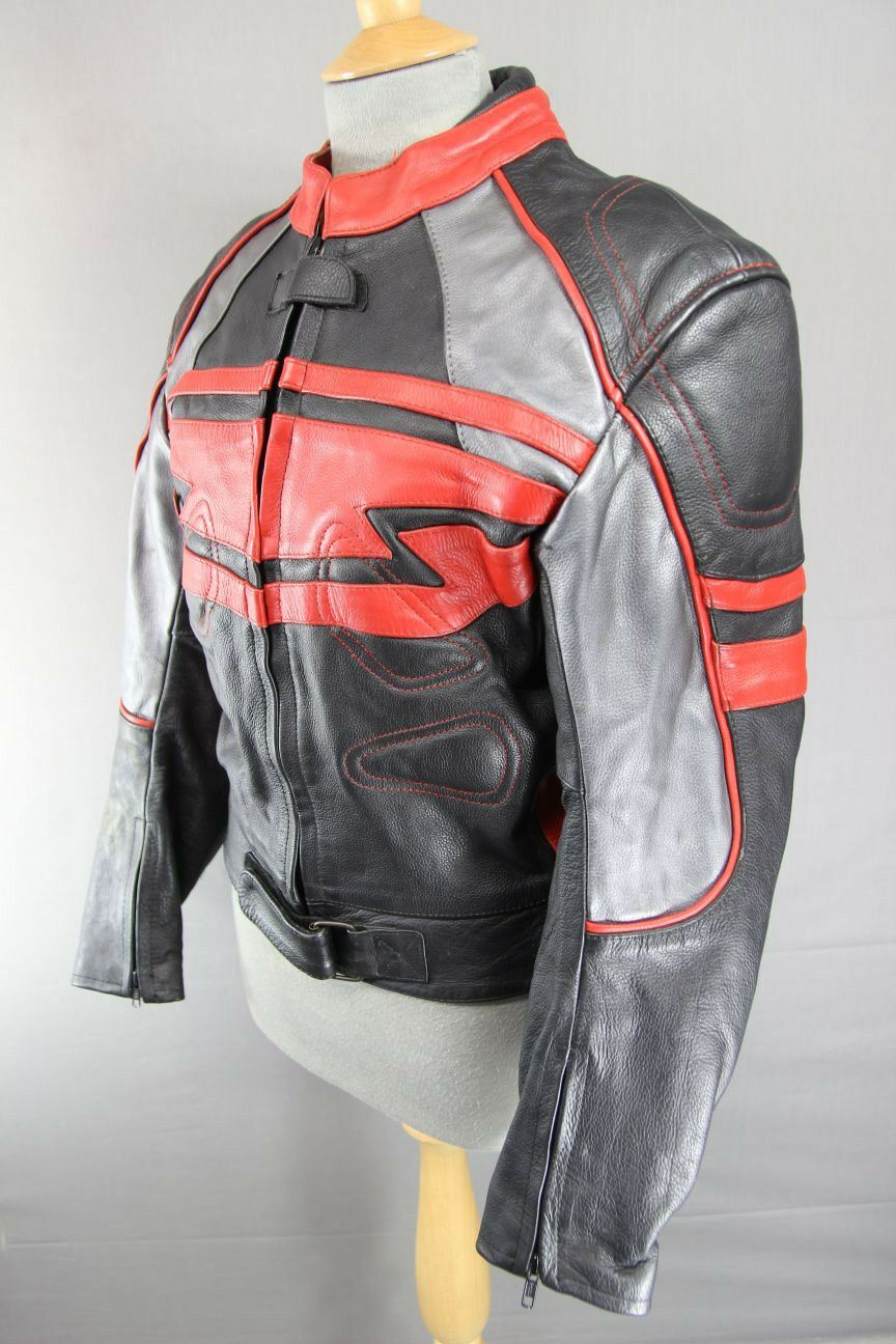BIKERS LEATHER BLACK, RED & SILVER JACKET + BACK, SHOULDER & ELBOW ARMOUR SIZE18