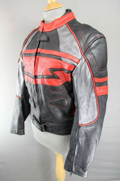 BIKERS LEATHER BLACK, RED & SILVER JACKET + BACK, SHOULDER & ELBOW ARMOUR SIZE18