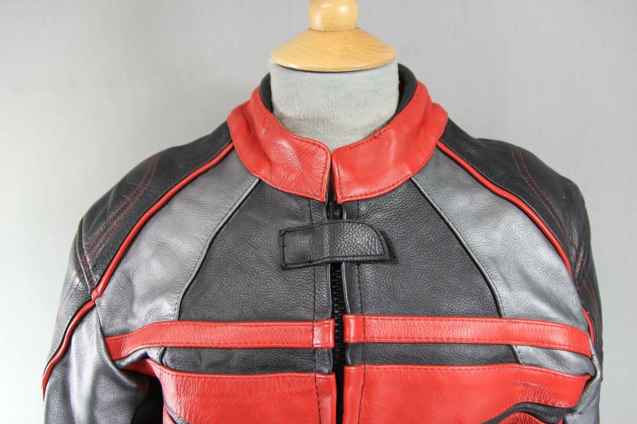 BIKERS LEATHER BLACK, RED & SILVER JACKET + BACK, SHOULDER & ELBOW ARMOUR SIZE18
