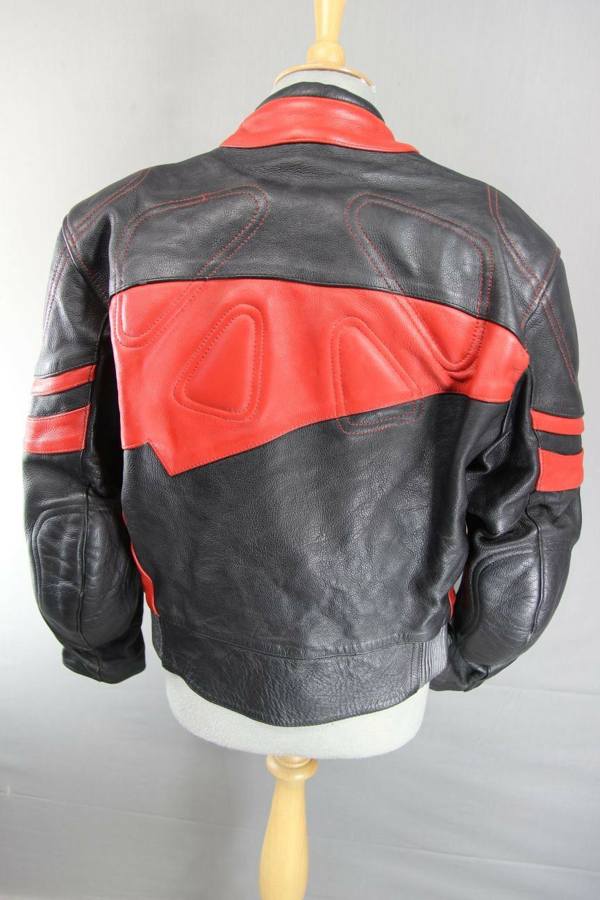 BIKERS LEATHER BLACK, RED & SILVER JACKET + BACK, SHOULDER & ELBOW ARMOUR SIZE18