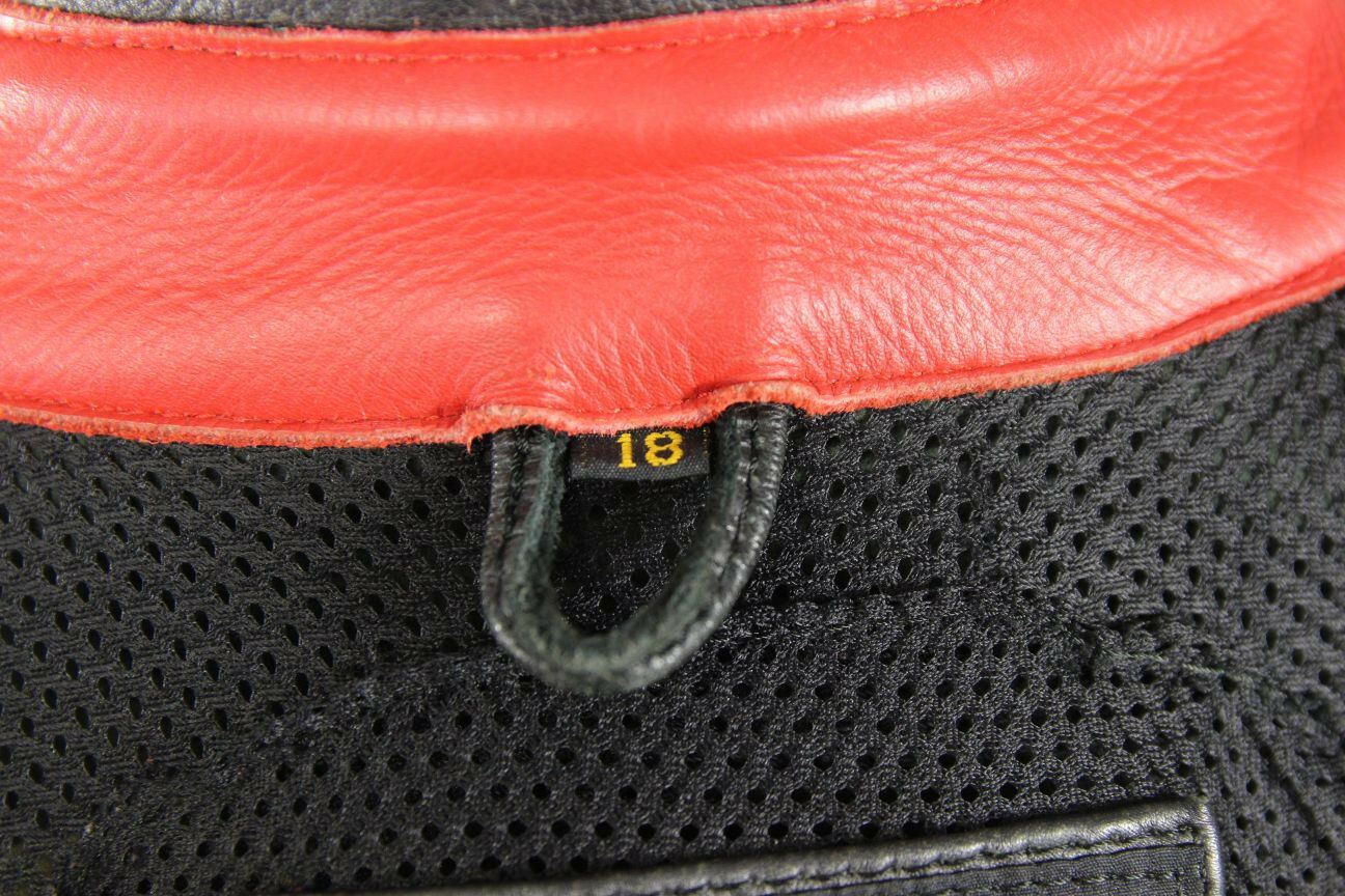 BIKERS LEATHER BLACK, RED & SILVER JACKET + BACK, SHOULDER & ELBOW ARMOUR SIZE18