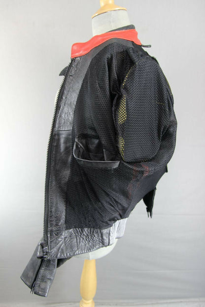 BIKERS LEATHER BLACK, RED & SILVER JACKET + BACK, SHOULDER & ELBOW ARMOUR SIZE18