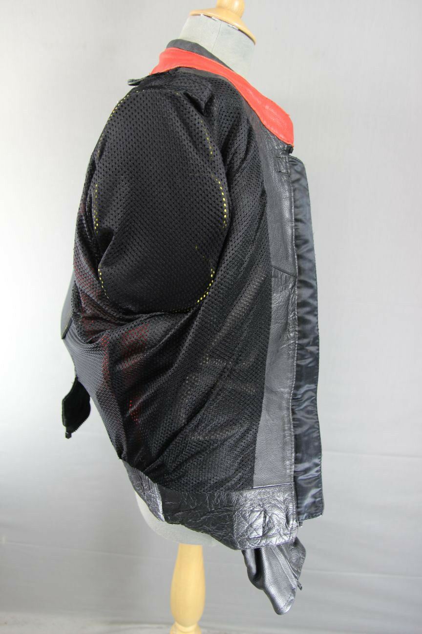 BIKERS LEATHER BLACK, RED & SILVER JACKET + BACK, SHOULDER & ELBOW ARMOUR SIZE18